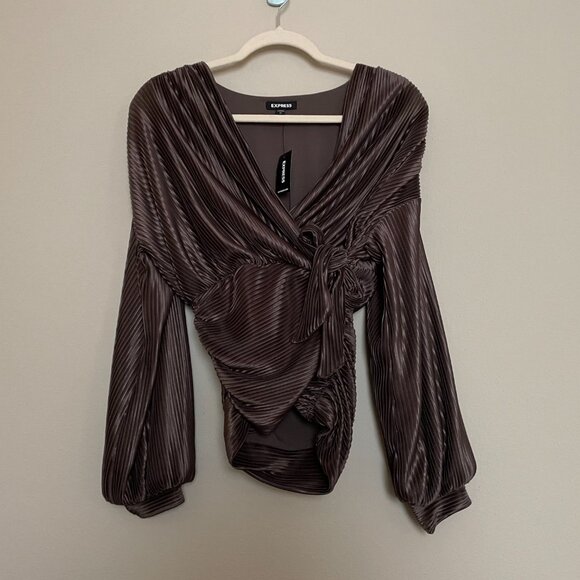 Express, Faux Wrap, Banded Bottom, Shimmery Chocolate Color V-Neck Blouse - Picture 8 of 8
